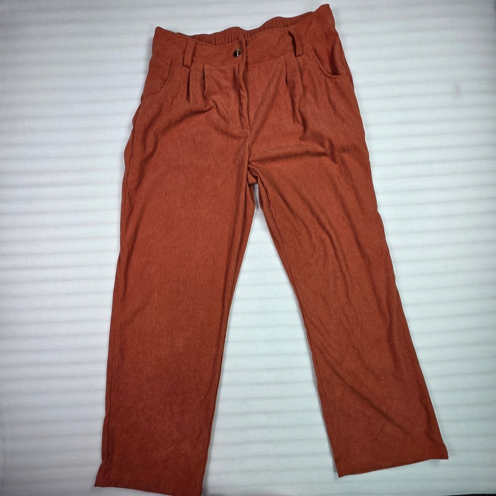 Halara Women Orange Corduroy Wide Leg Pants Elastic Waist Pleated Size L reg